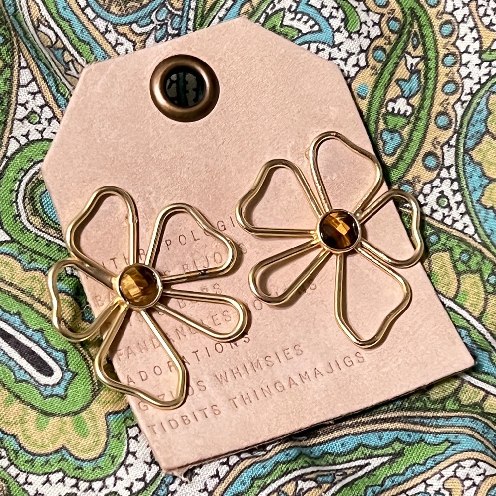 New Anthropologie Flower Semi Precious Gold Brown Stone Earrings